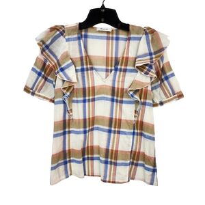 Madewell Women's Plaid V-Neck Shoulder-Ruffle Top